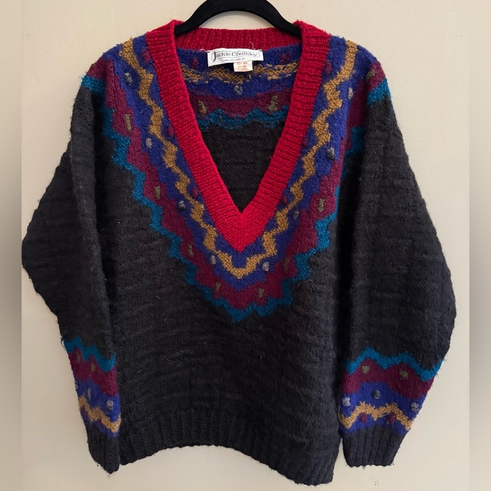 Rare Vintage 90’s Jackie Chaulkey Scandinavian Colorful V-Neck Sweater Medium - Picture 1 of 6